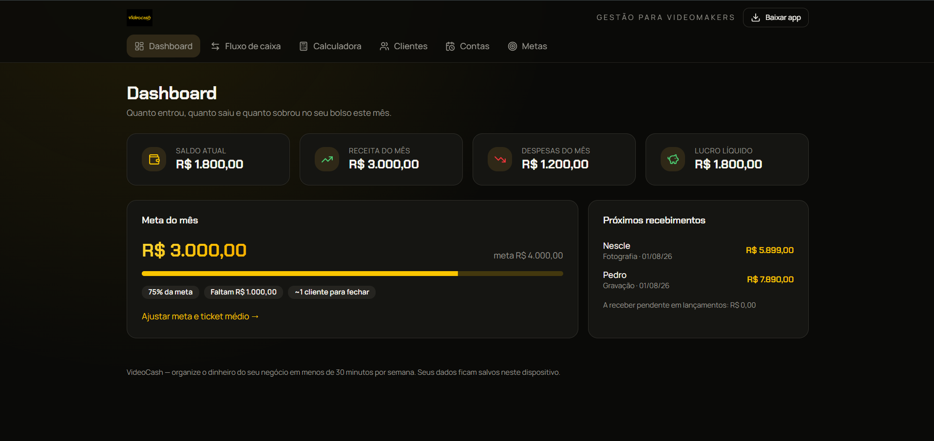Aplicativo VideoCash com o fluxo de caixa aberto