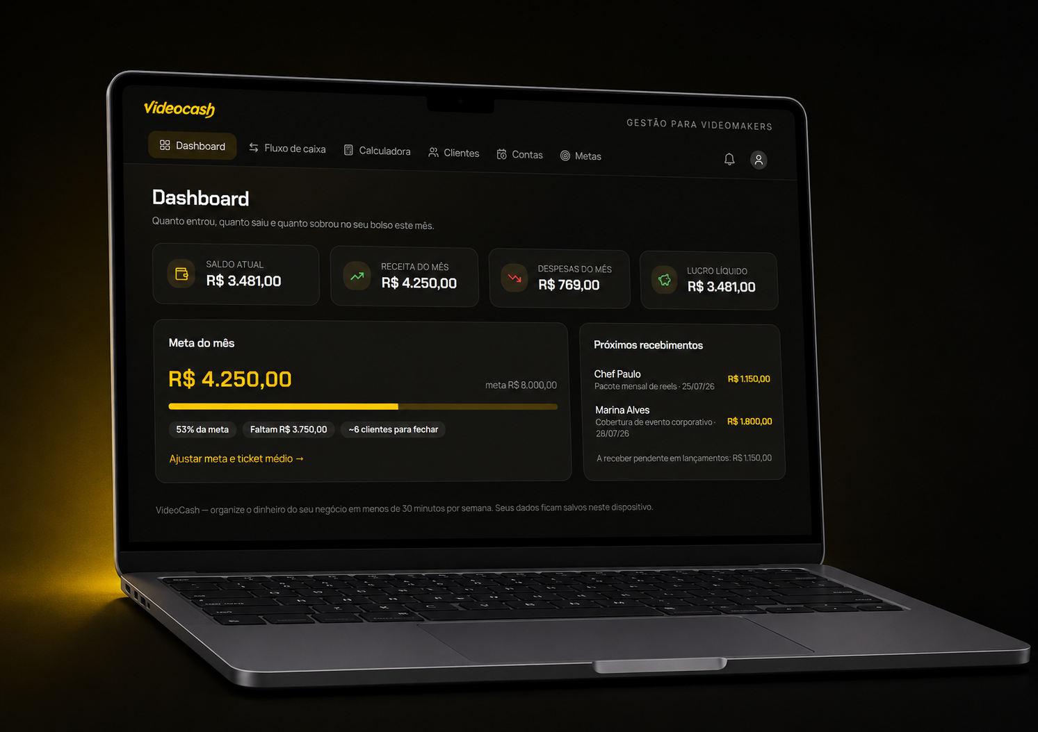 Notebook exibindo o dashboard financeiro do VideoCash