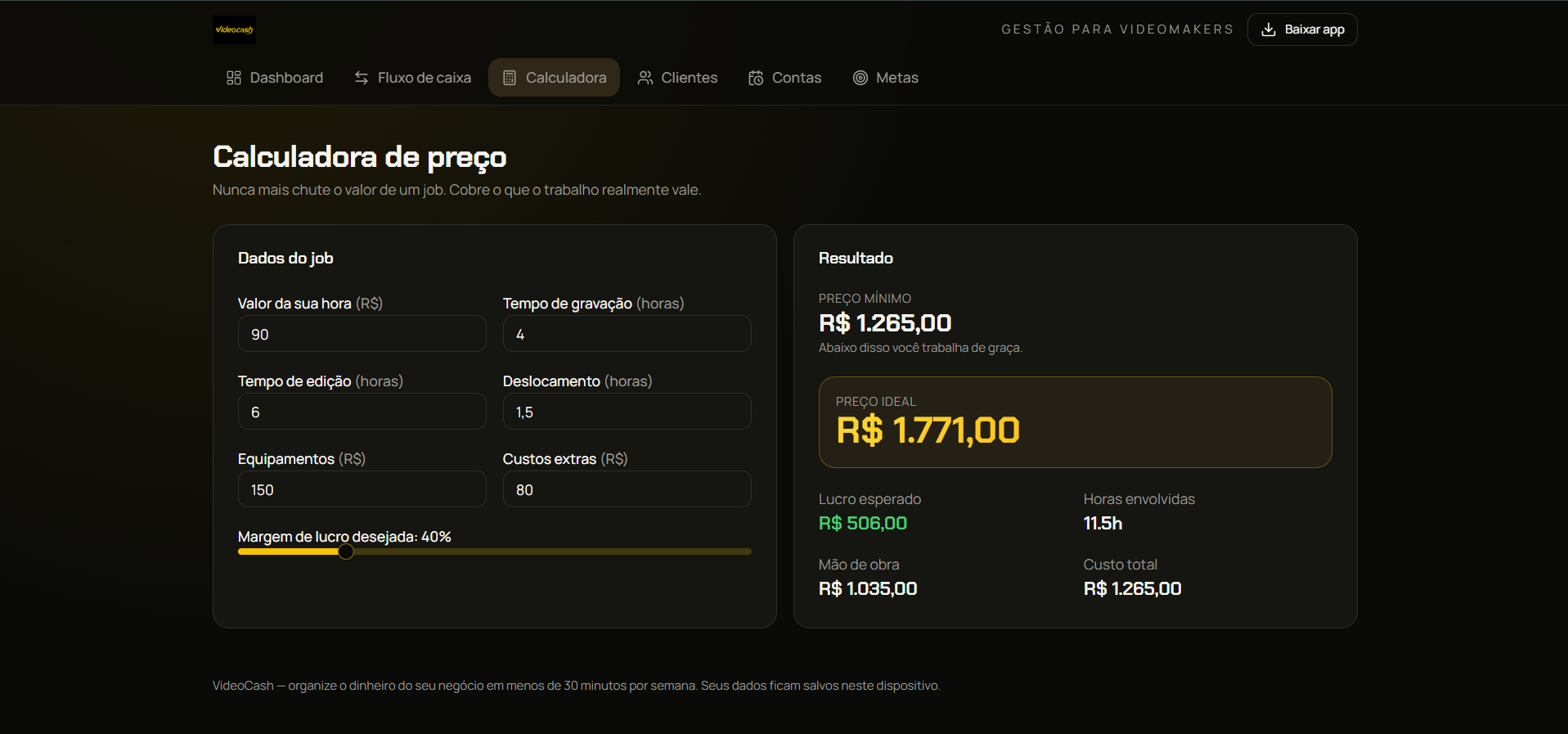 Calculadora de preço do VideoCash
